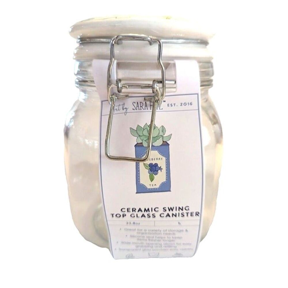 Succulent Ceramic Lid Glass Clamp Jar Canister Green Floral 34 Oz. 6-in NWT